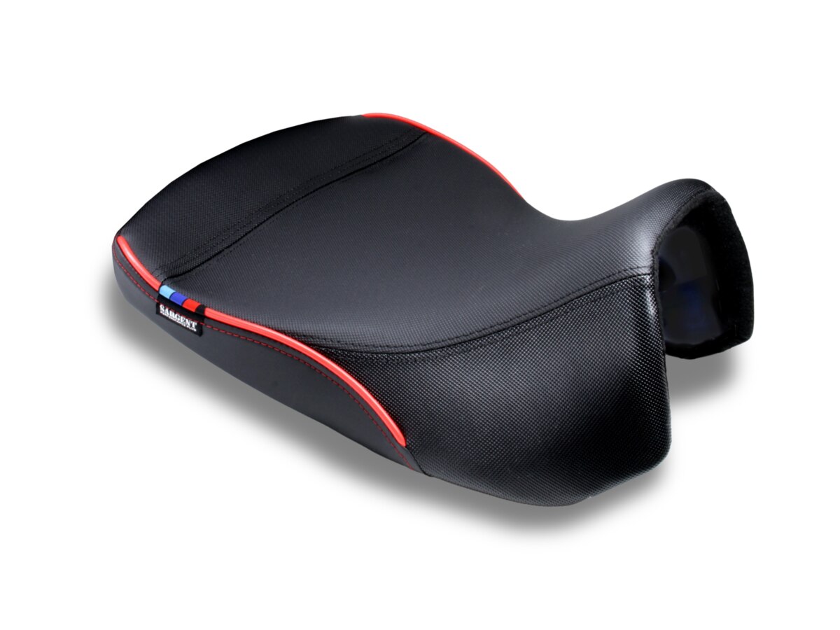 Sargent Cycle Products new Performance Plus front motorcycle seat for the BMW R 1300 GSA with DTX, Gripzones with Racing Red accents, low version.